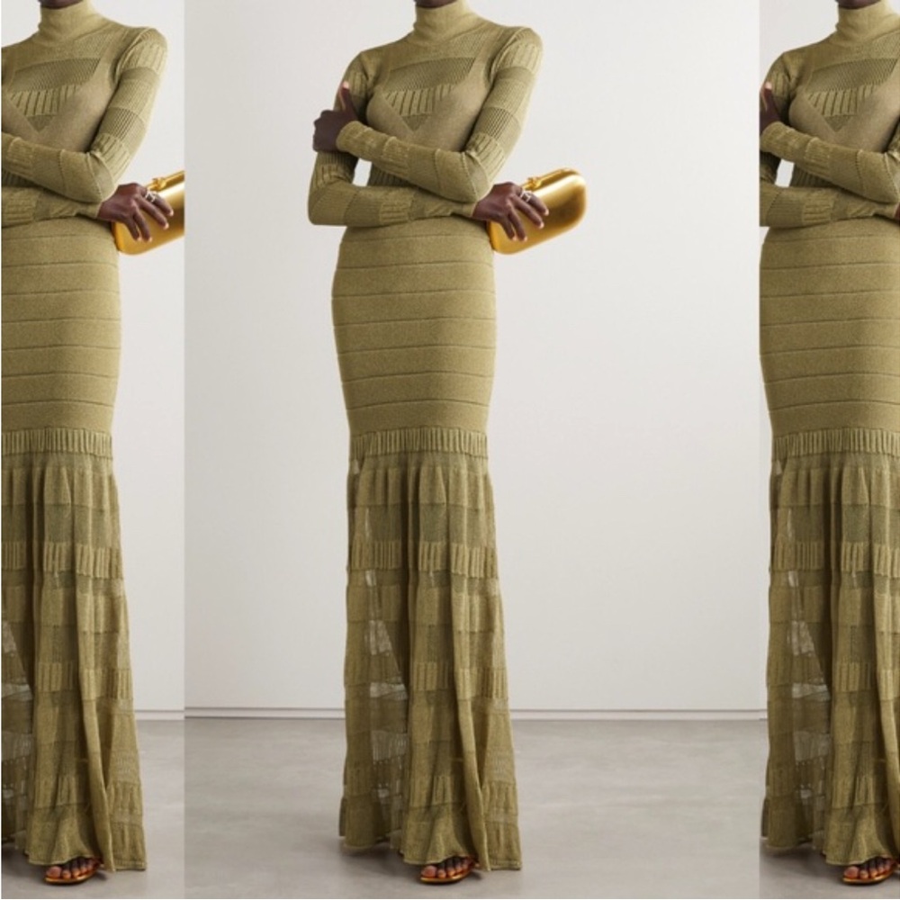 Herve Leger BNWT size xs metallic gold gown high neck concealed zipper - Picture 7 of 13